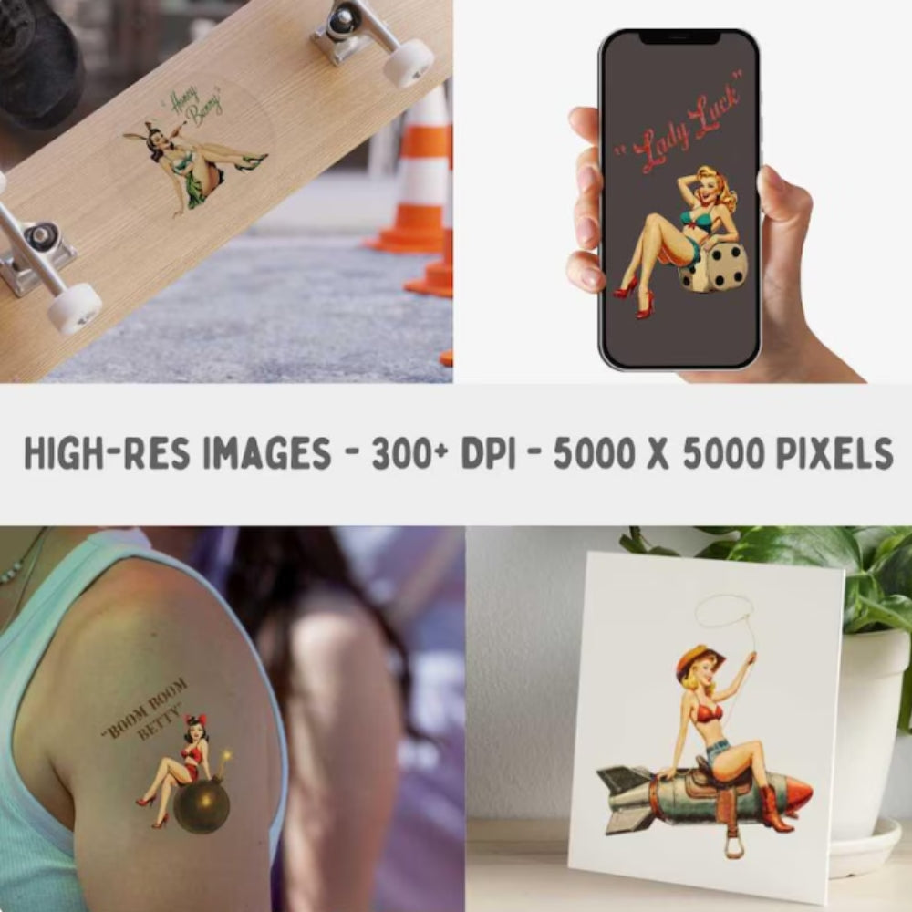 Collage of a skateboard with a 'Lady Luck' design, a phone displaying the design, tattoos, and a print.
