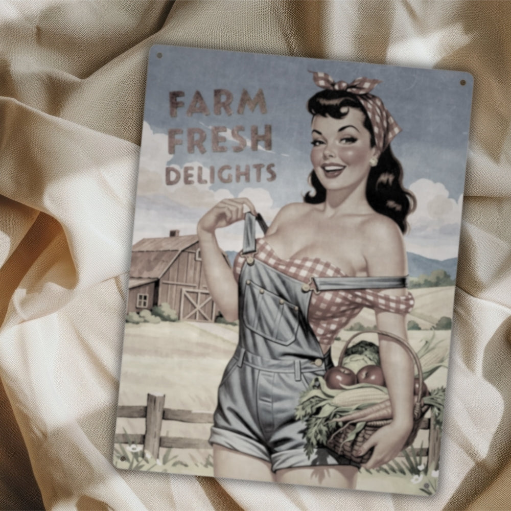 Farm Fresh Delights country pinup farm girl metal poster on a crumpled paper background