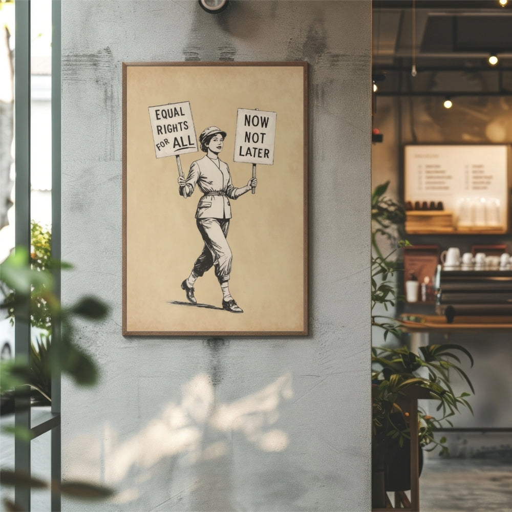 Framed artwork of a woman holding signs with text on a wall in an indoor setting.