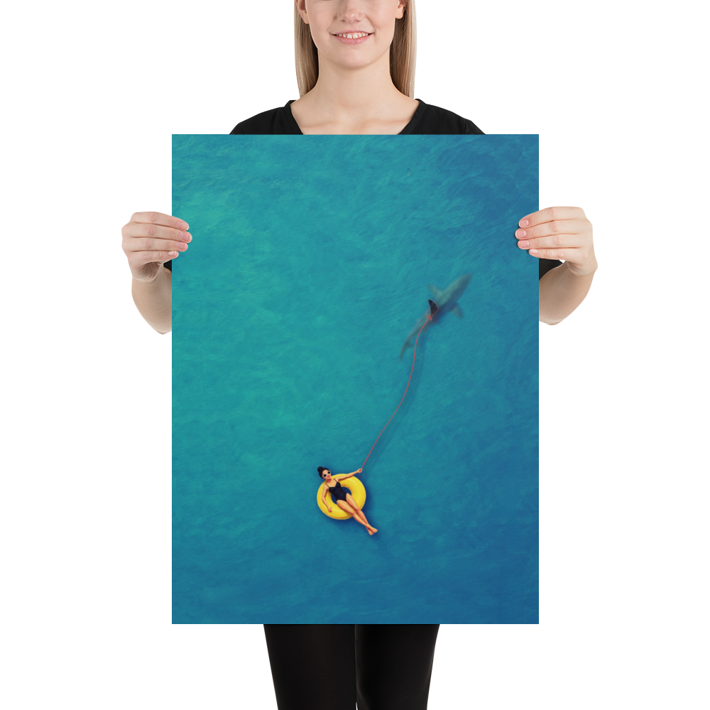 Swimmer Walking a Shark Art Print
