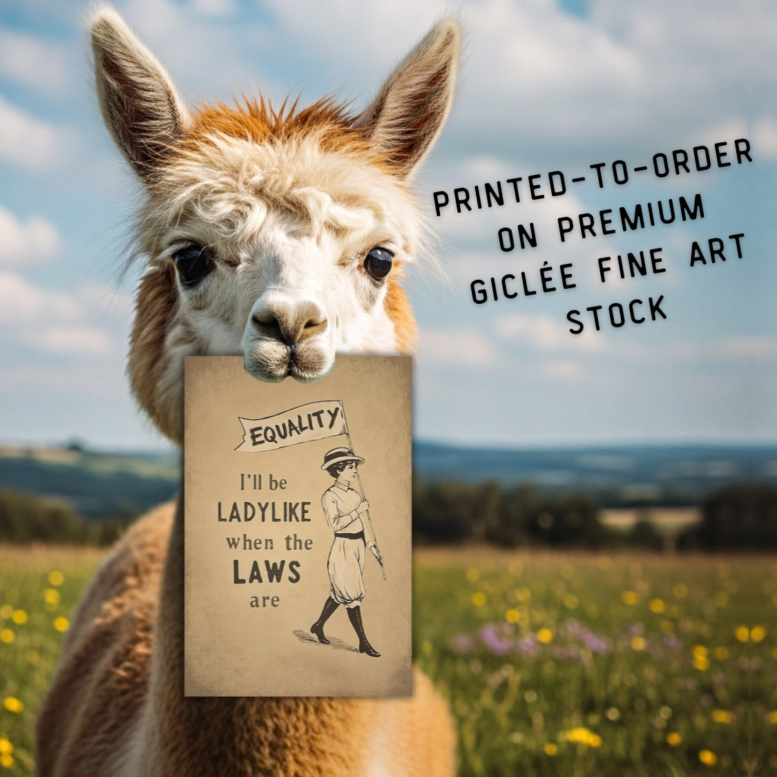 Llama holding a sign with text in a field