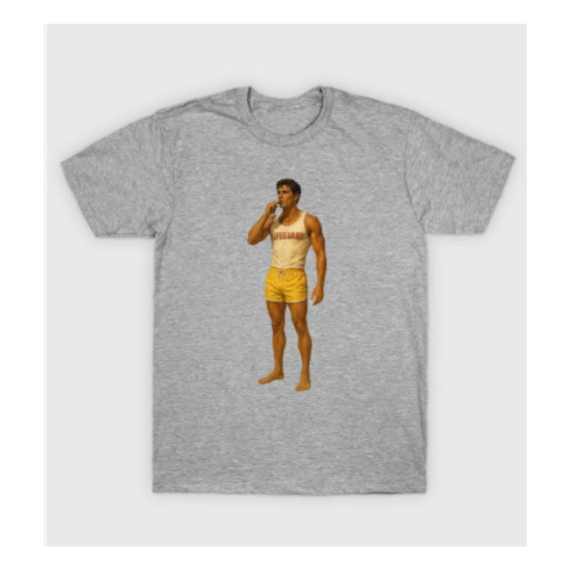 Gray t-shirt with a graphic of a man in yellow shorts on a white background