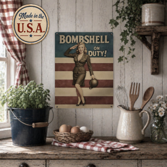 Vintage-style kitchen scene with a 'Made in the USA' sign, 'Bombshell on Duty!' poster, and rustic decor.