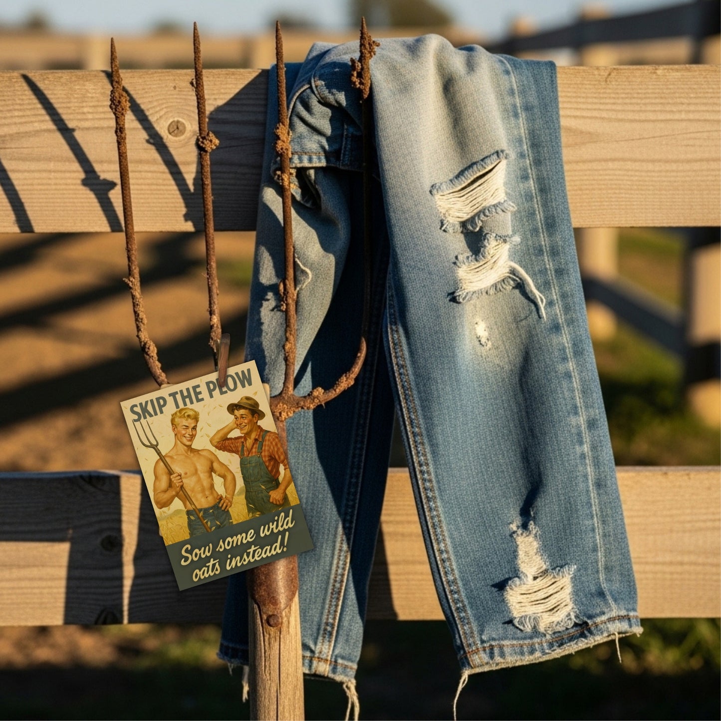 Ripped jeans hanging on a clothesline with a vintage-style card that says, With "Skip the Plow, Sow Some Wild Oats Instead" text