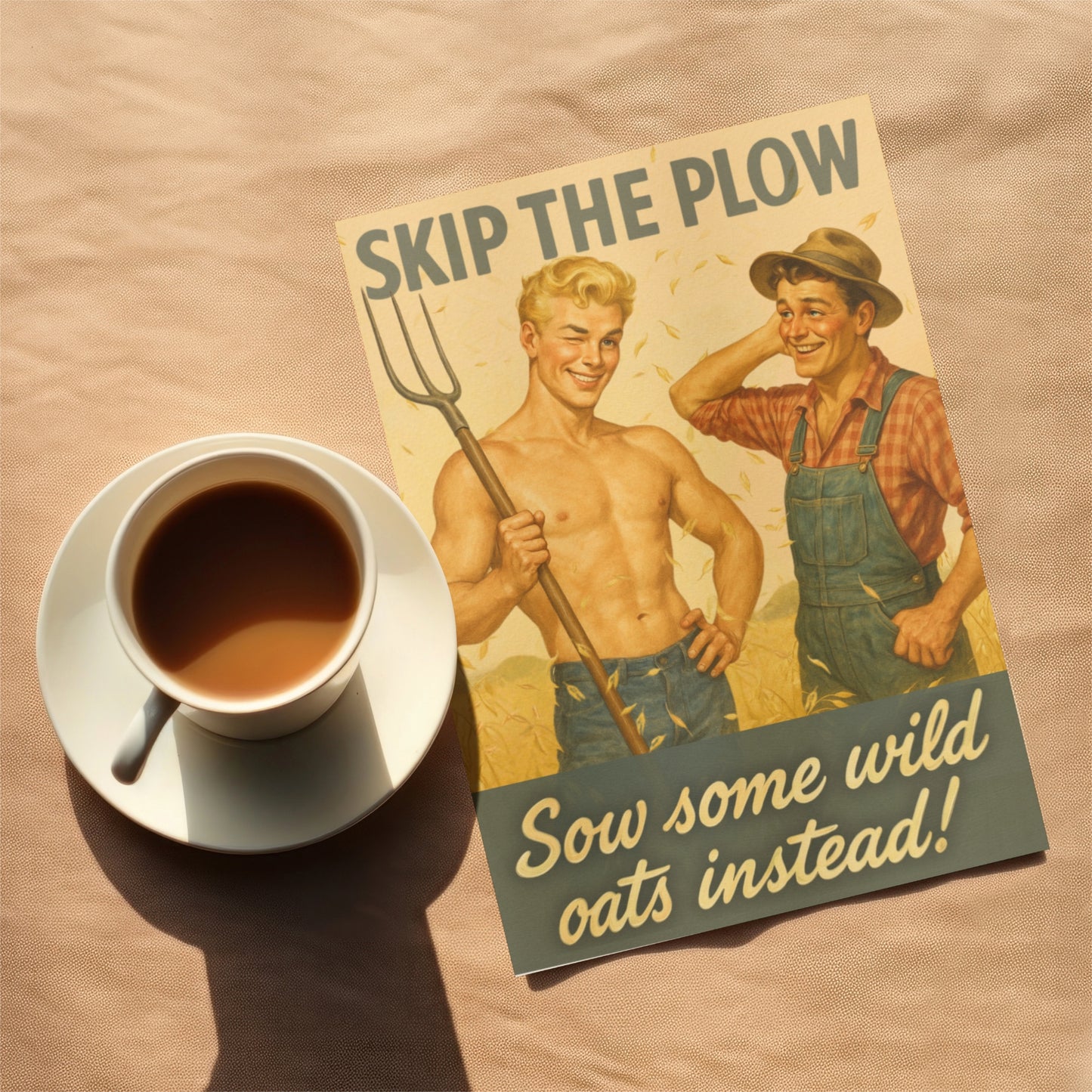 Vintage Greeting Card - Shirtless Beefcake Pinup and Hunky Farmer Boy