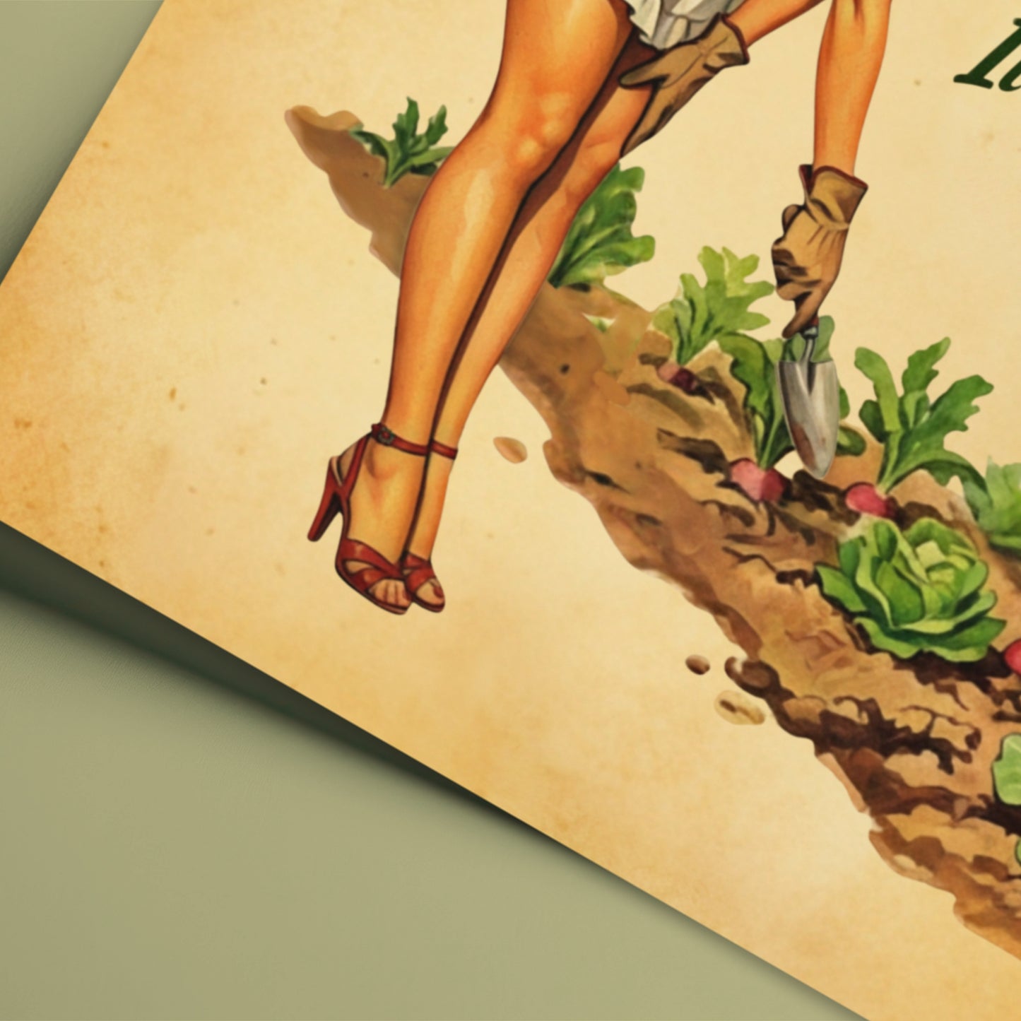 Illustration of a woman gardening with plants and soil on a textured background