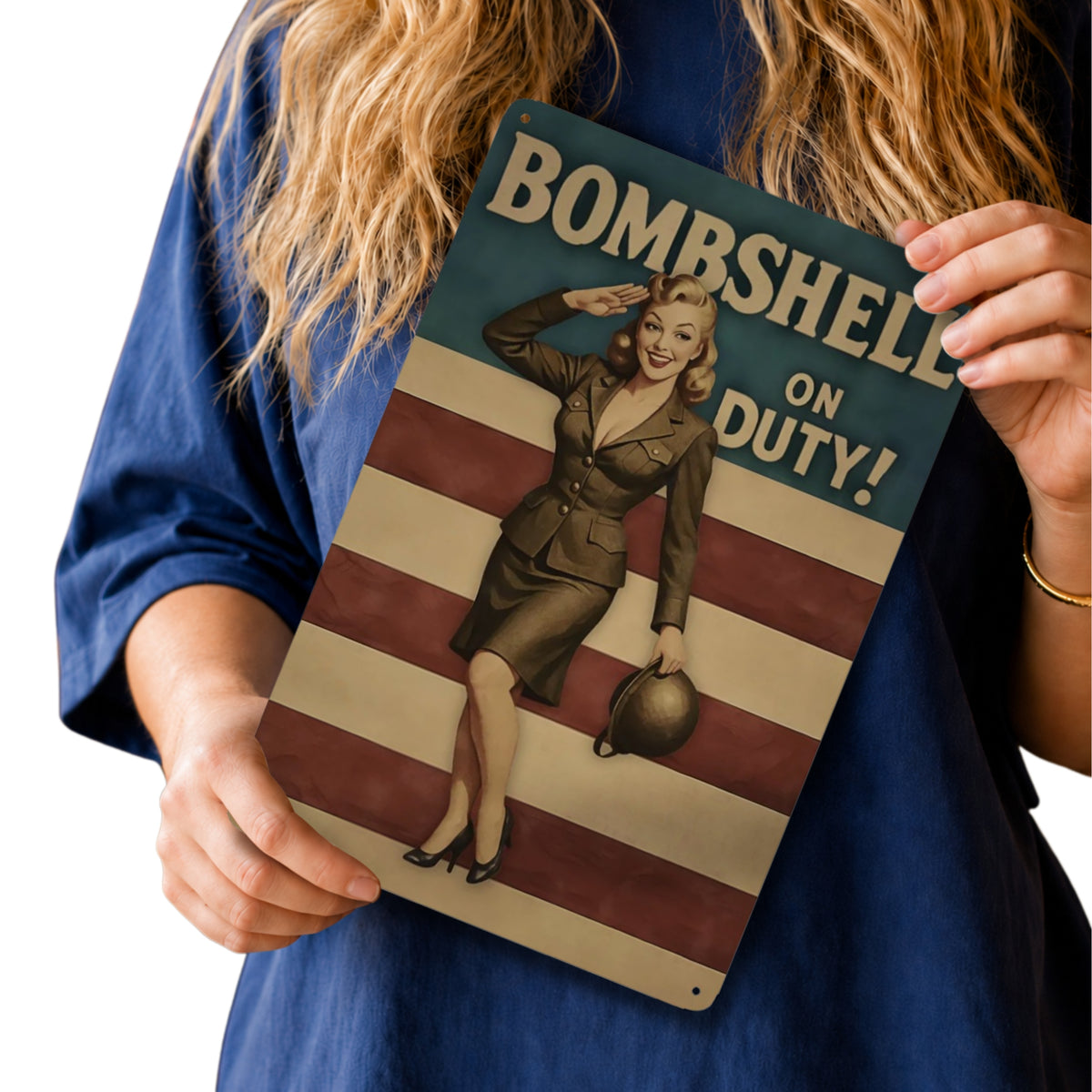 Bombshell on Duty Vintage Military Metal Sign