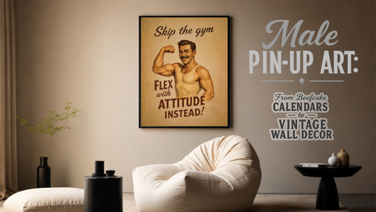 Vintage male pin-up art poster mockup titled Male Pin-up art: from Beefcake calendars to vintage wall decor, displayed on a shelf with retro typography, framed beefcake-style wall decor and a bean bag chair.