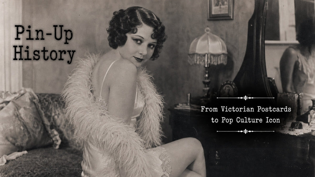 blog header featuring a black-and-white pin-up photograph of a seated woman in a feathered wrap, with text reading “Pin-Up History: From Victorian Postcards to Pop Culture Icon.”