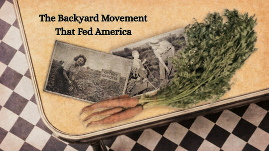 Vintage-style image of carrots and leafy greens on a cutting board with the text “The Backyard Movement That Fed America,” referencing WWII Victory Gardens and home food growing.
