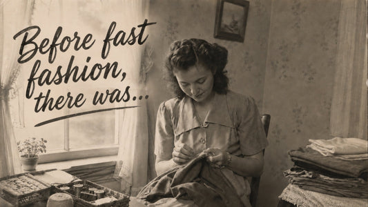 Vintage-style sepia image of a woman sewing by a window with folded fabric nearby and the text “Before fast fashion, there was Make Do and Mend