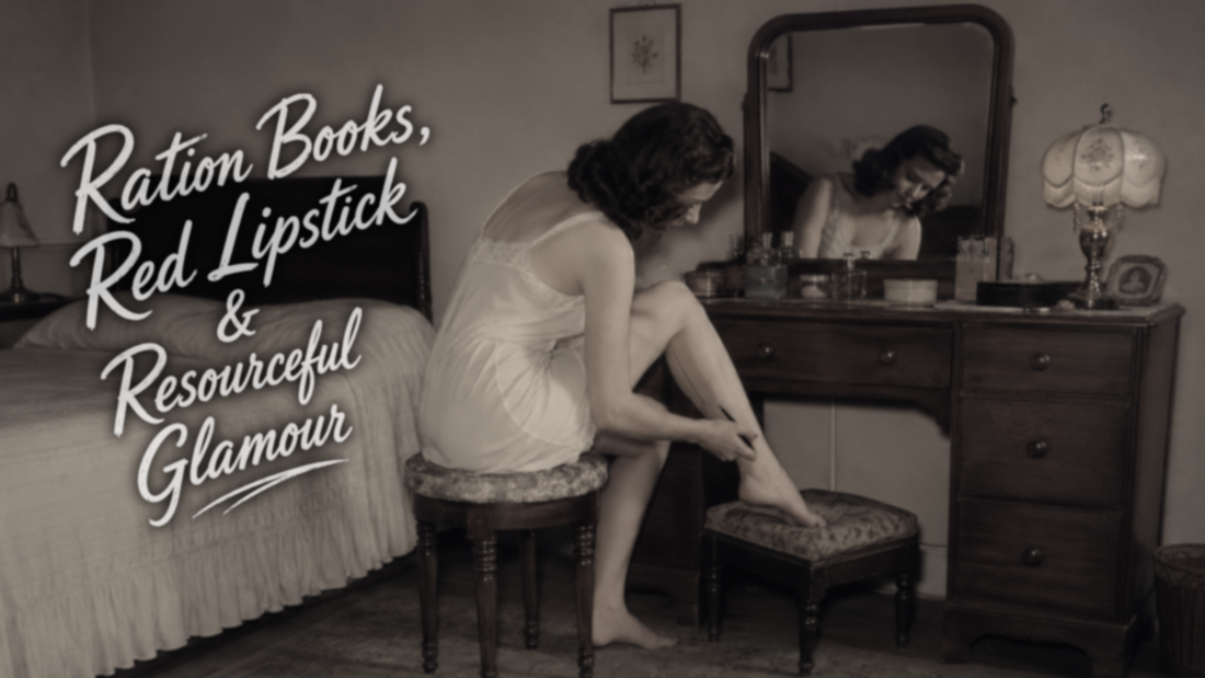 Vintage black-and-white 1940s-style image of a woman seated at a vanity, adjusting her stocking seam in front of a mirror, with the text “Ration Books, Red Lipstick & Resourceful Glamour” on the left.