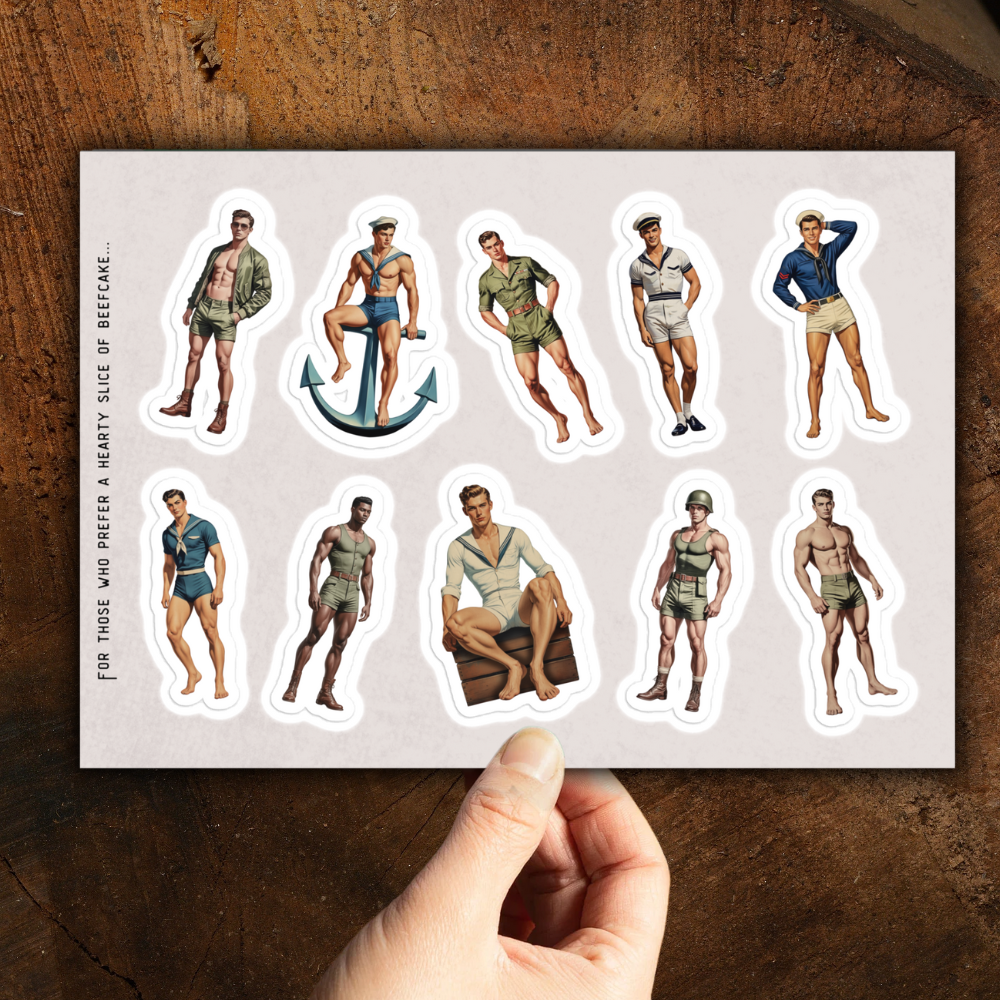 Sheet of vintage-style male figure stickers on a wooden surface
