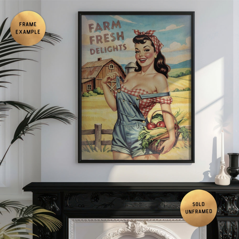 Framed vintage-style poster of a woman holding a basket of vegetables with 'Farm Fresh Delights' text, displayed on a wall.
