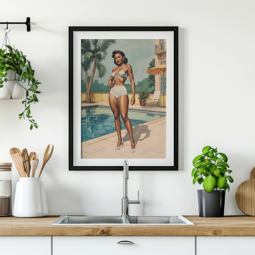 Framed artwork of a black woman in a bikini by a pool in a kitchen setting.