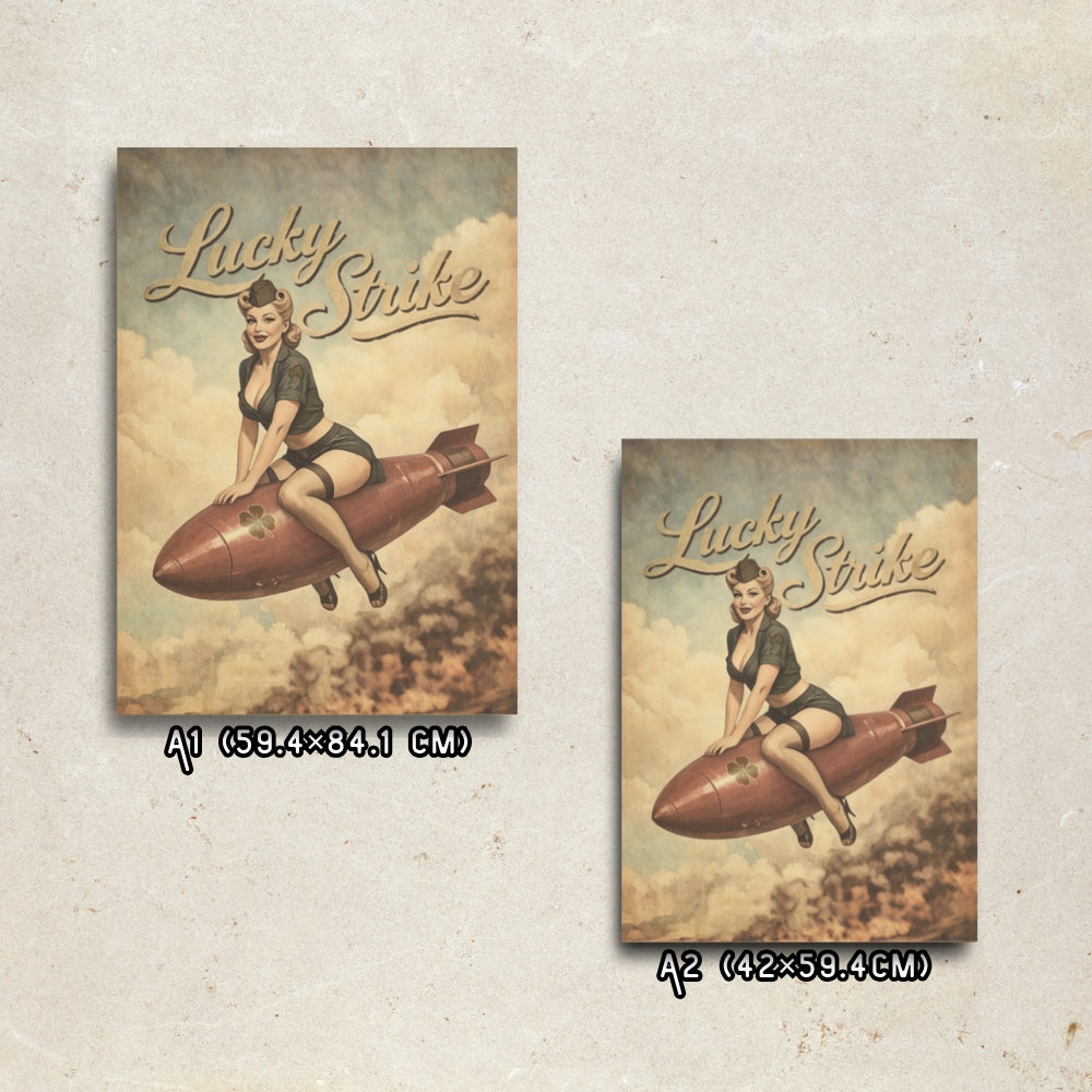 Two Lucky Strike posters featuring a woman on a rocket with a vintage design.