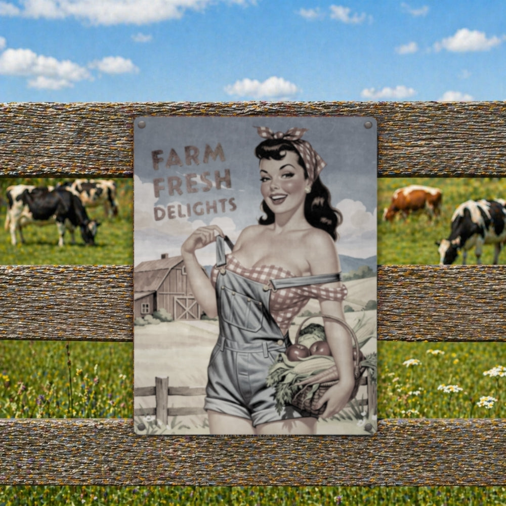 Farm Fresh Delights country pinup farm girl metal outdoor sign attached to a farm fence
