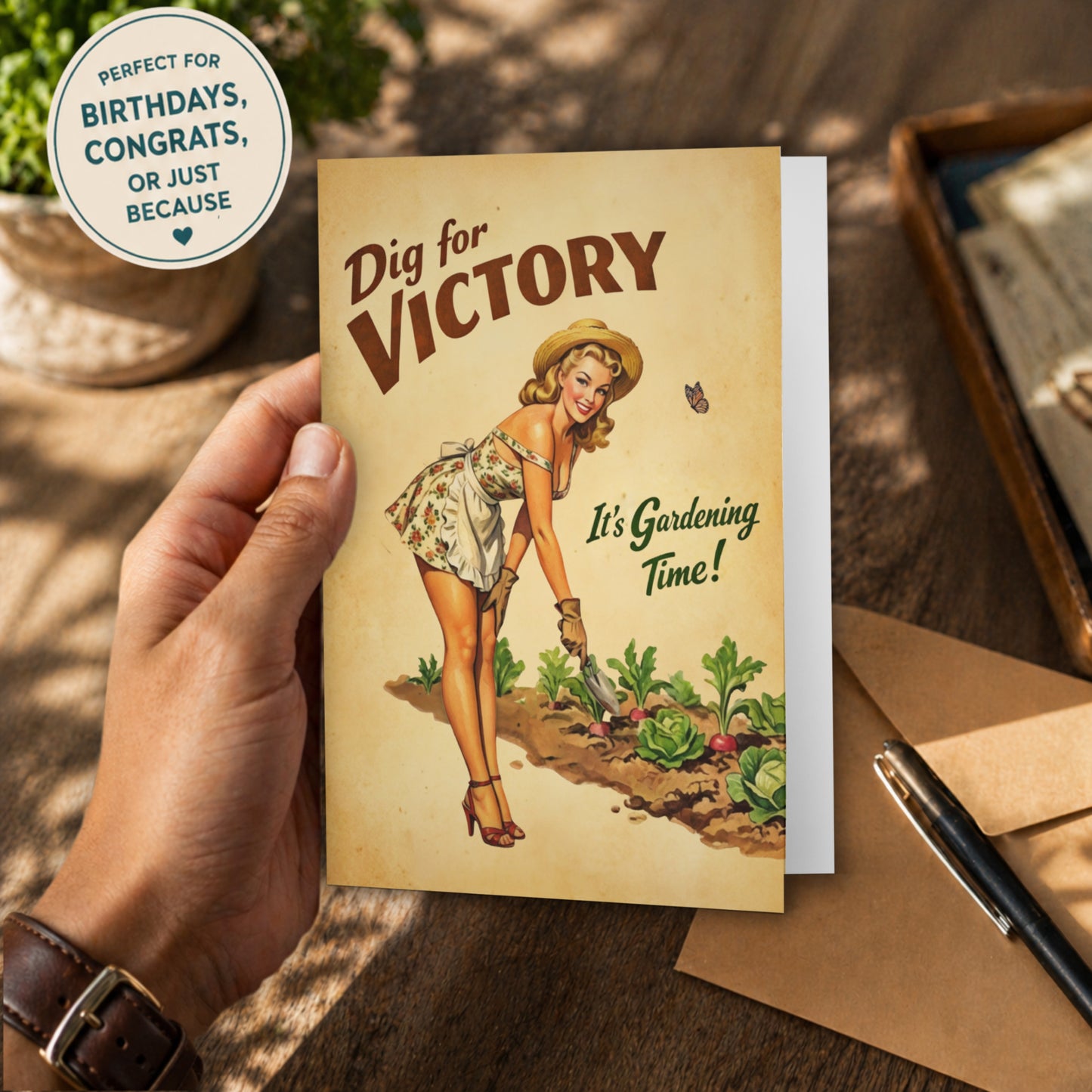 Greeting card with 'Dig for Victory' design held by a hand on a wooden surface.