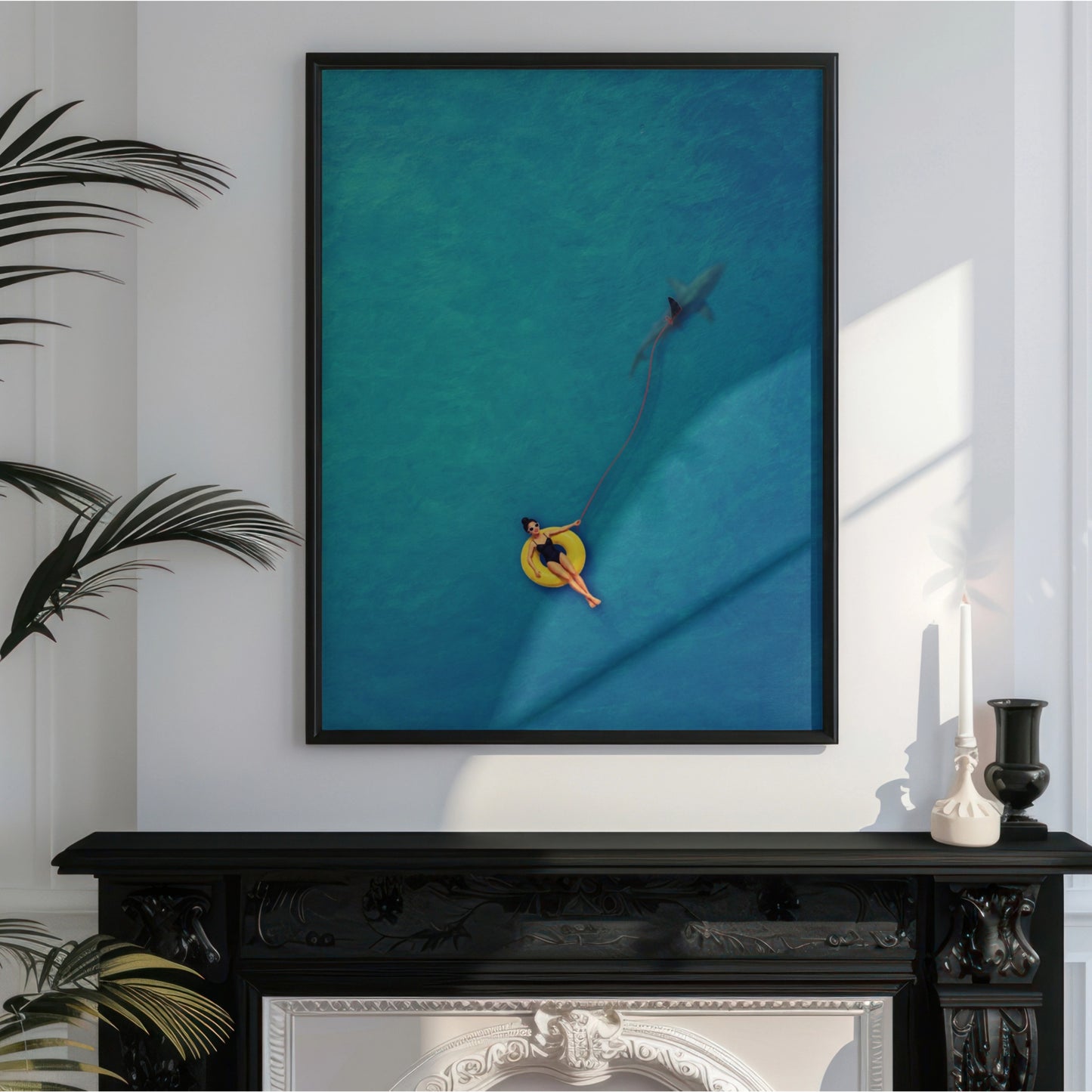 Swimmer Walking a Shark Art Print