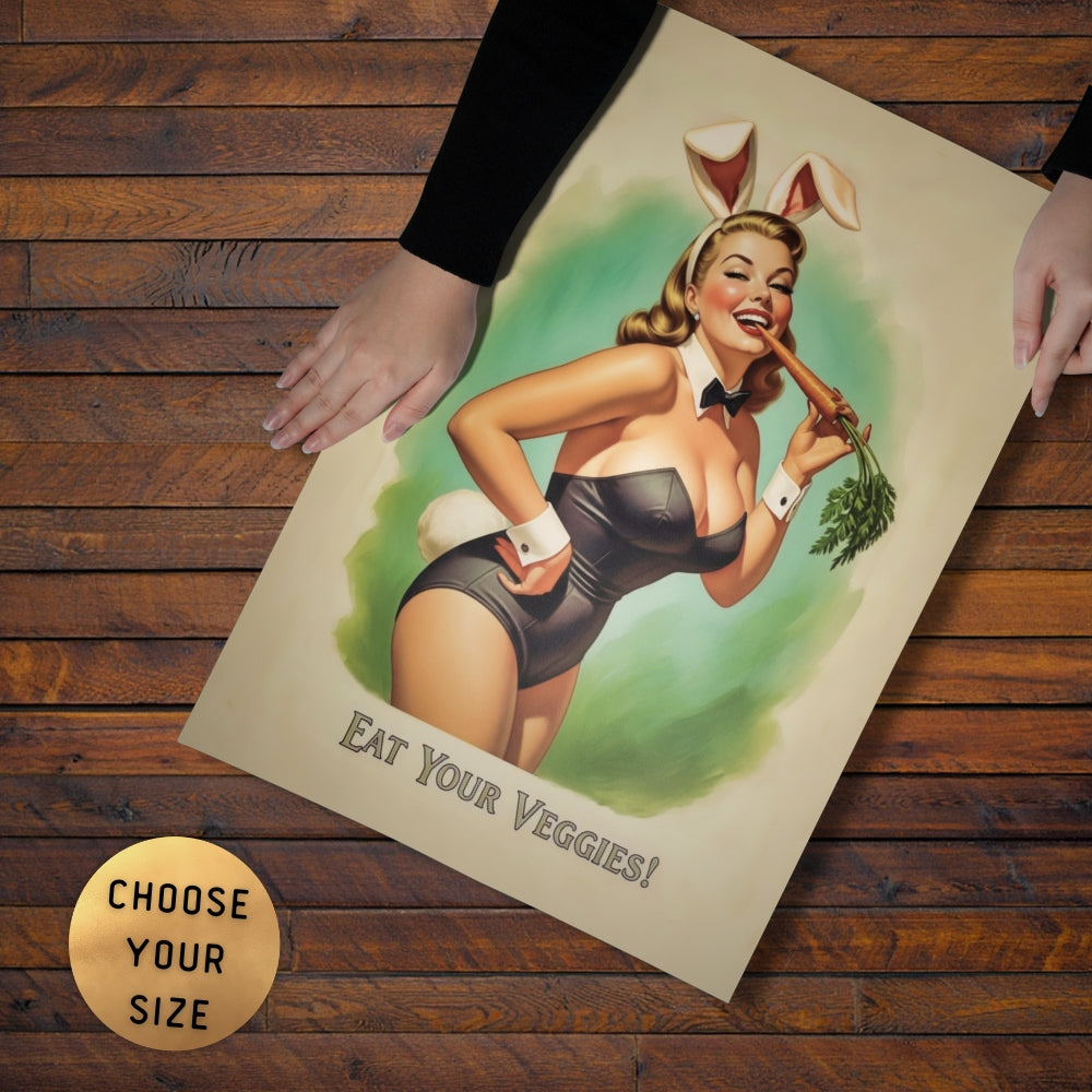 Poster of a vintage-style illustration with text 'Eat Your Veggies!' on a wooden surface.