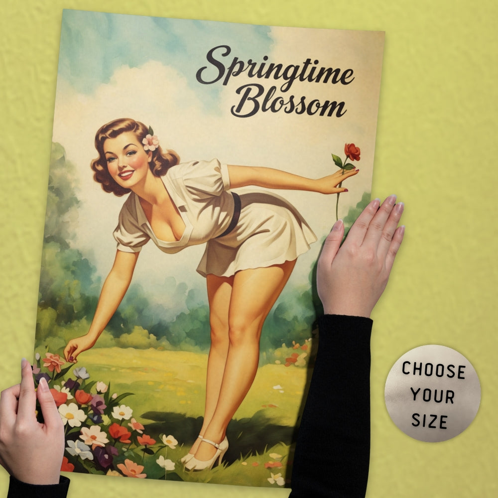 Vintage-style poster of a woman in a garden with 'Springtime Blossom' text, held by hands on a yellow background.