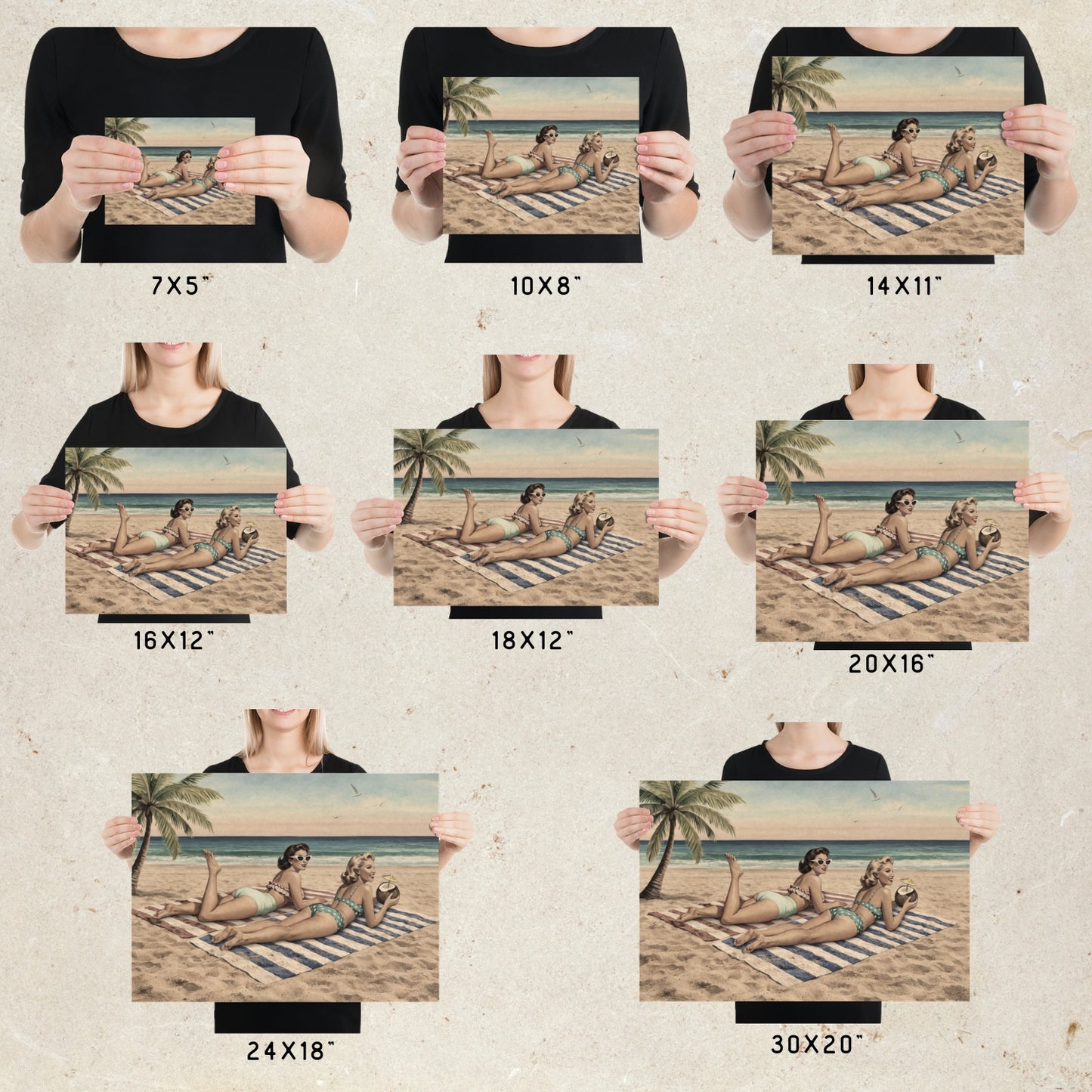 Person holding prints of a woman on a beach with palm trees, showing different size options.