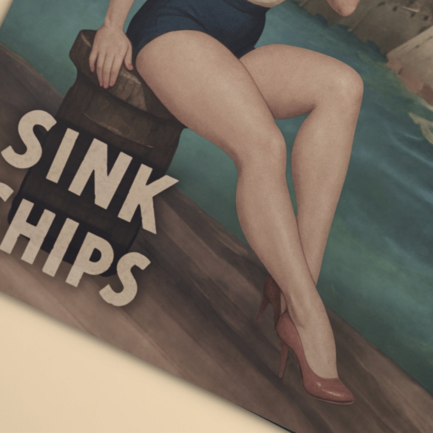 Artistic depiction of legs with high heels on a ship with 'Sink Ships' text.