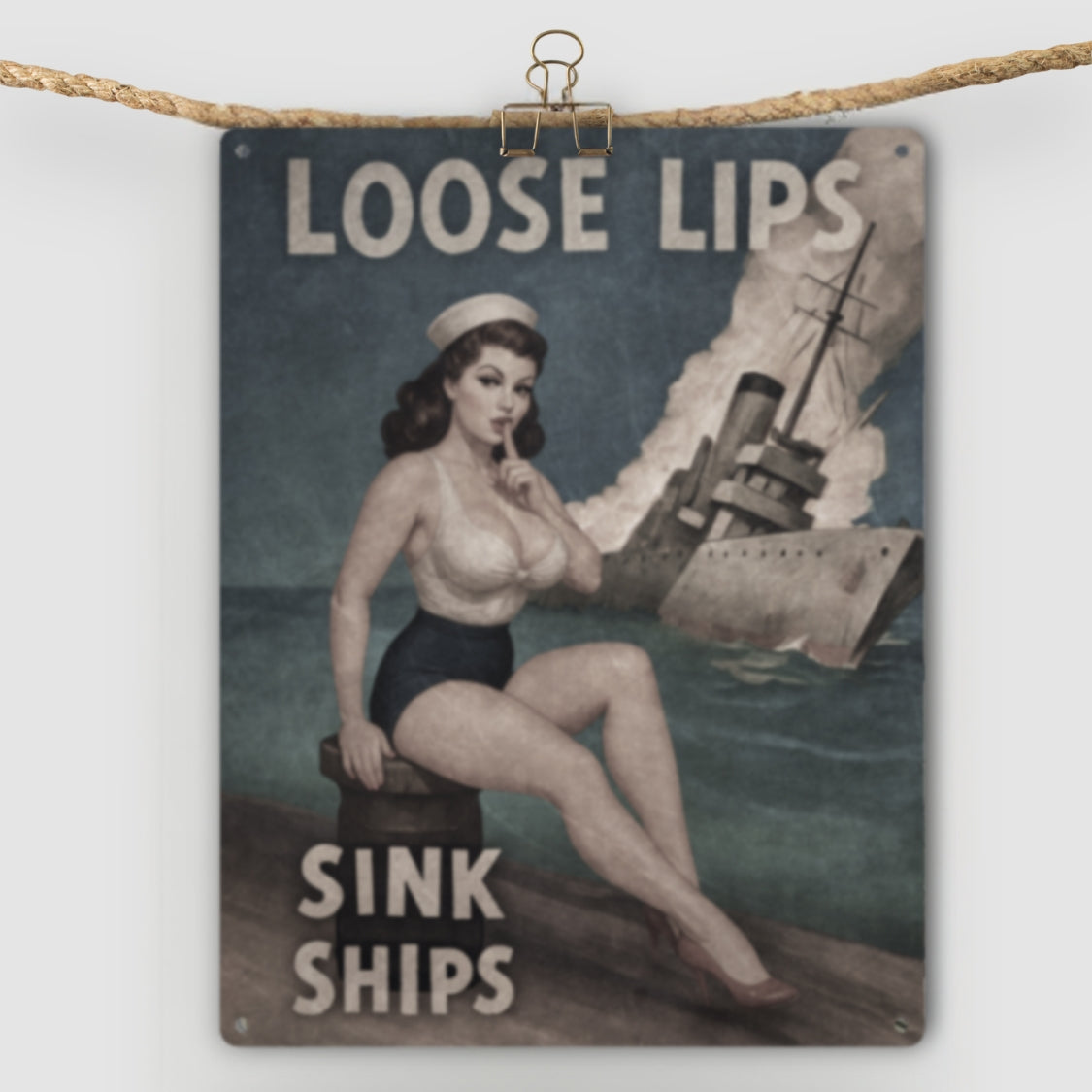 Vintage-style sign with a woman and ship, text 'Loose Lips Sink Ships' on a white background.