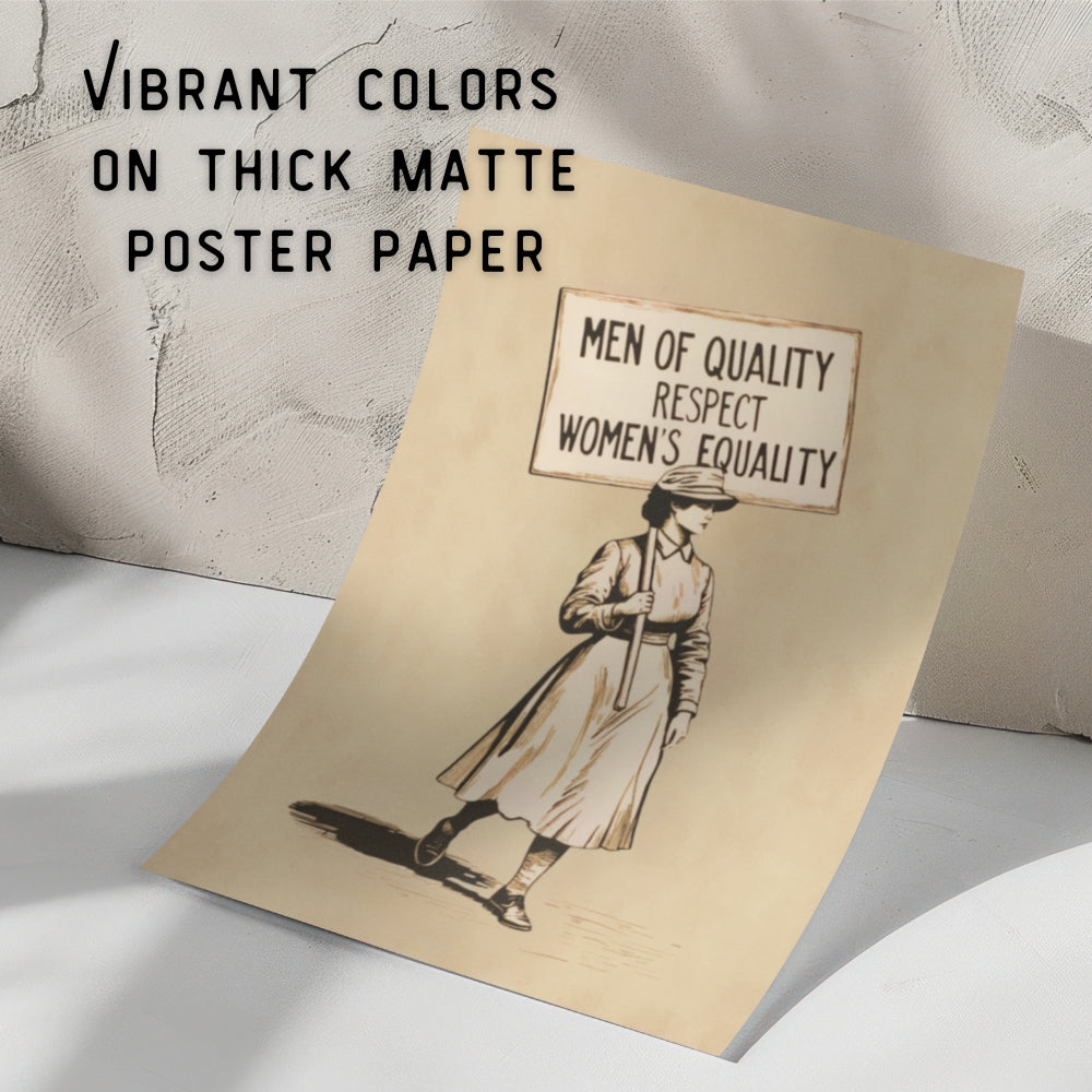 Poster with a drawing of a suffragette holding a sign and text - Men of Quality Respect Women's Equality -  on thick matte poster paper.