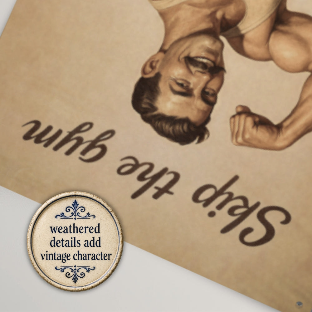 Skip the Gym, Flex with Attitude retro metal fitness humor sign edge detail with the text, weathered details add vintage character