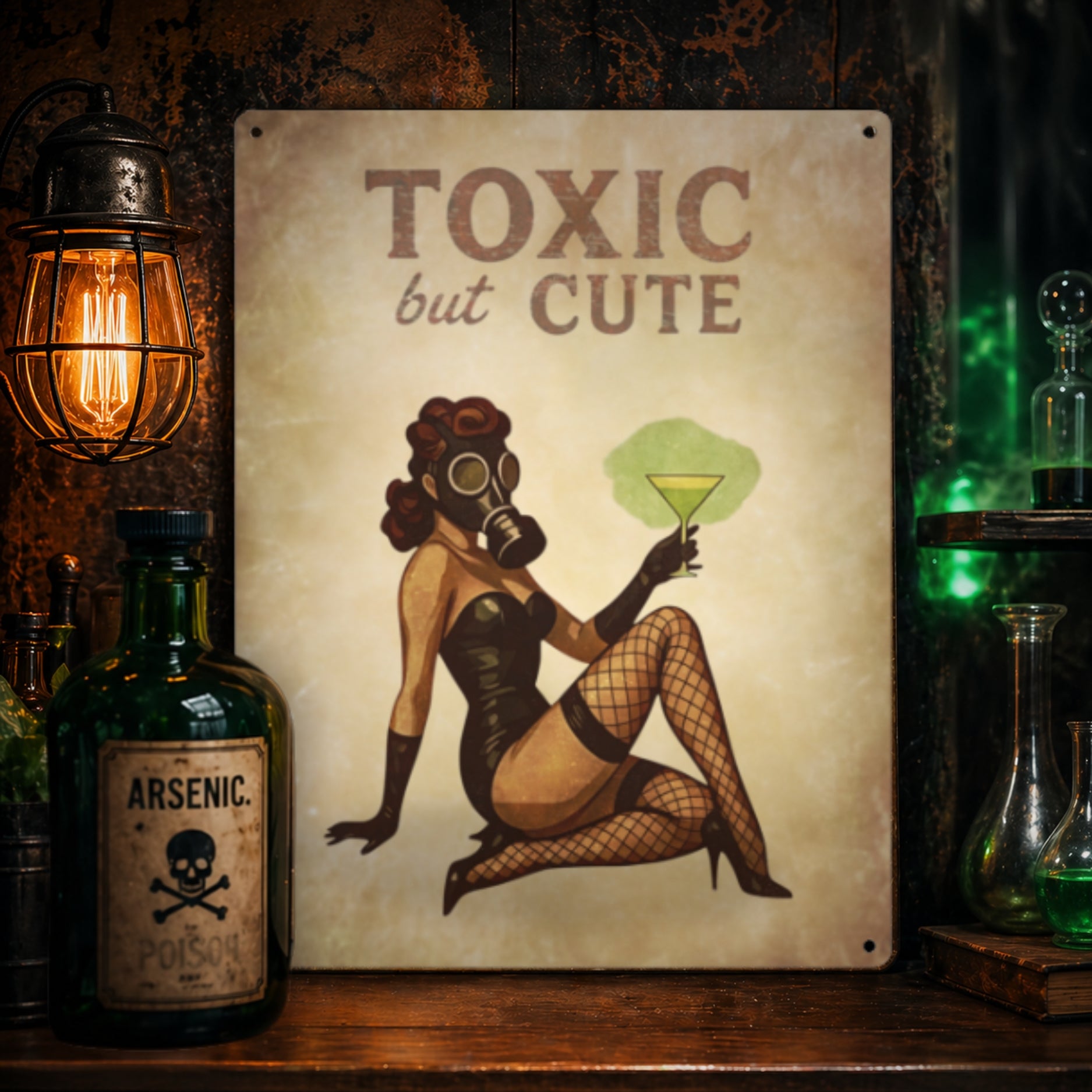 Vintage-style sign with a woman in a gas mask and cocktail, labeled 'Toxic but Cute', next to a bottle labeled 'Arsenic'.