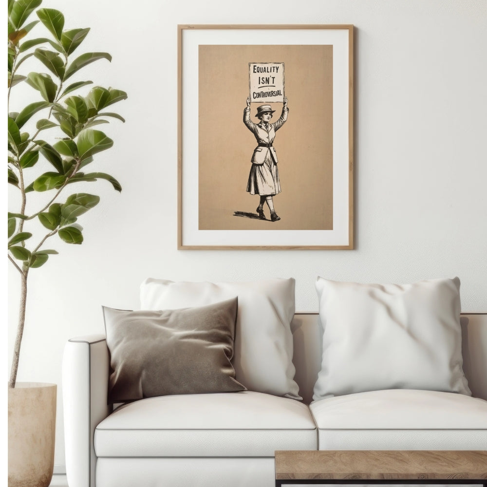 Framed artwork on a wall above a sofa with decorative pillows