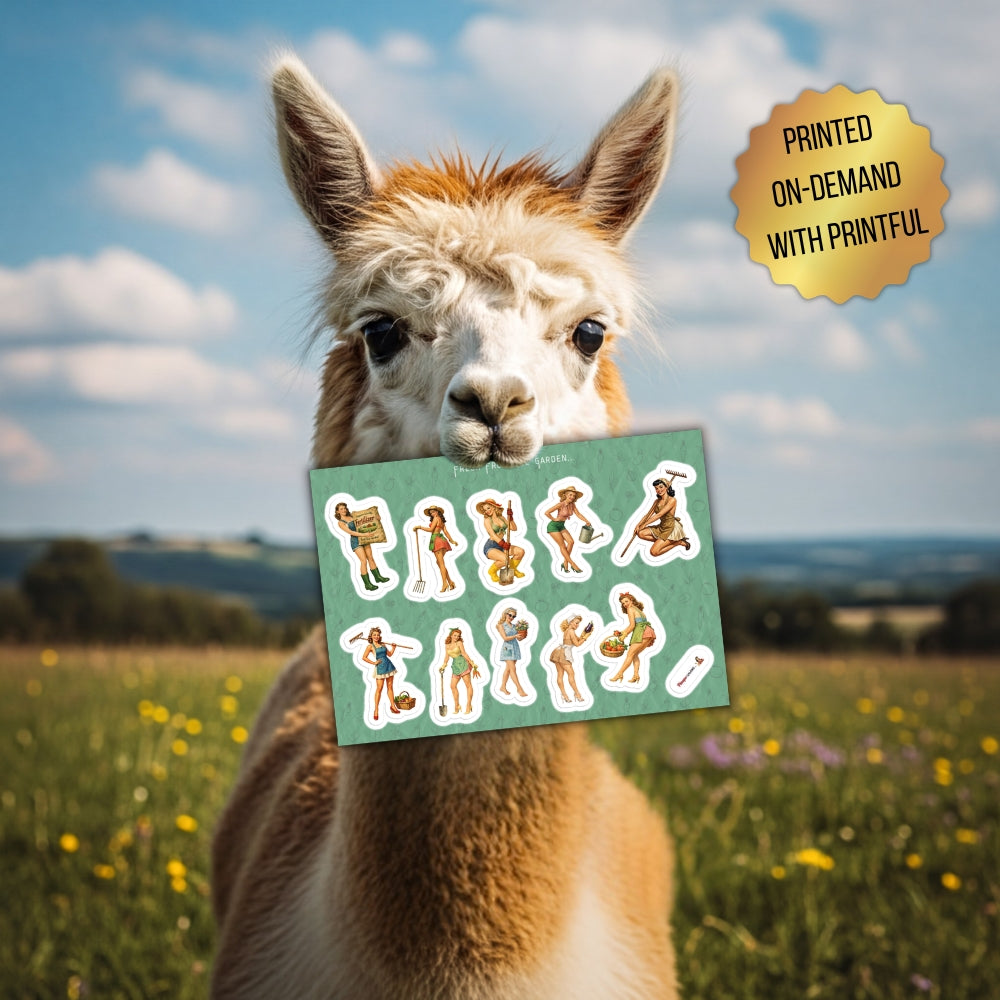 Alpaca holding a card with stickers in a field