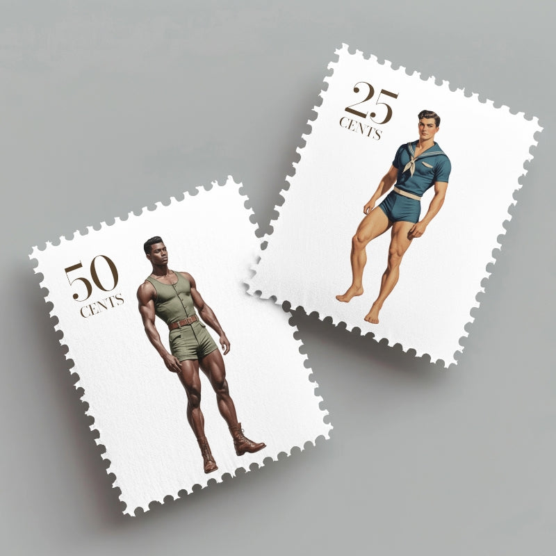 Two postage stamps featuring illustrations of men in vintage swimwear on a gray background.