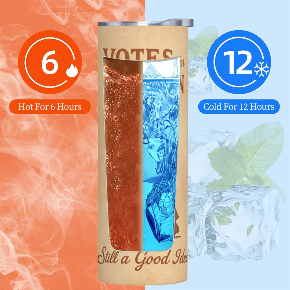 Tumbler with text indicating heat and cold retention times, surrounded by abstract designs.