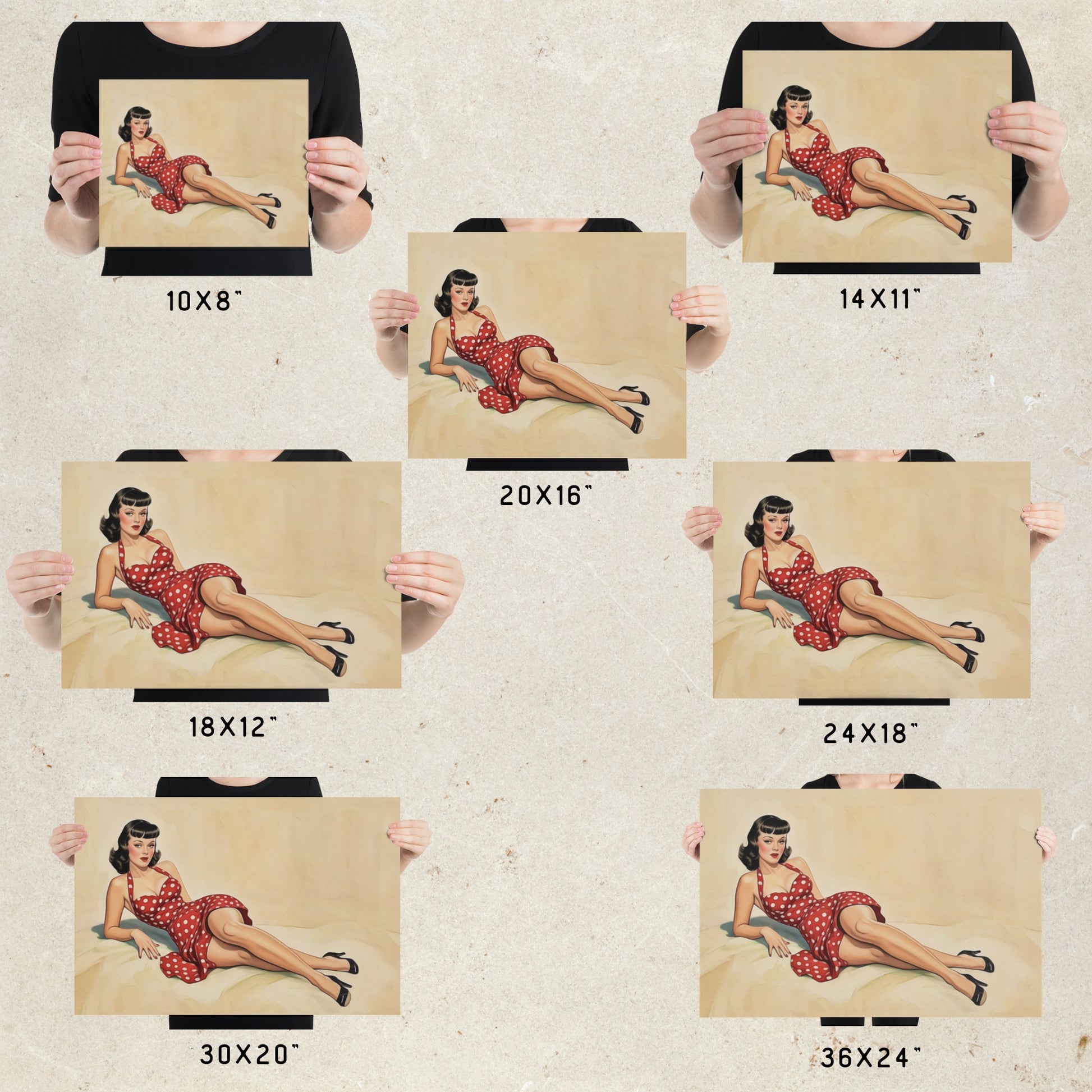 Set of posters showing a woman in a red dress at various sizes held by a person.