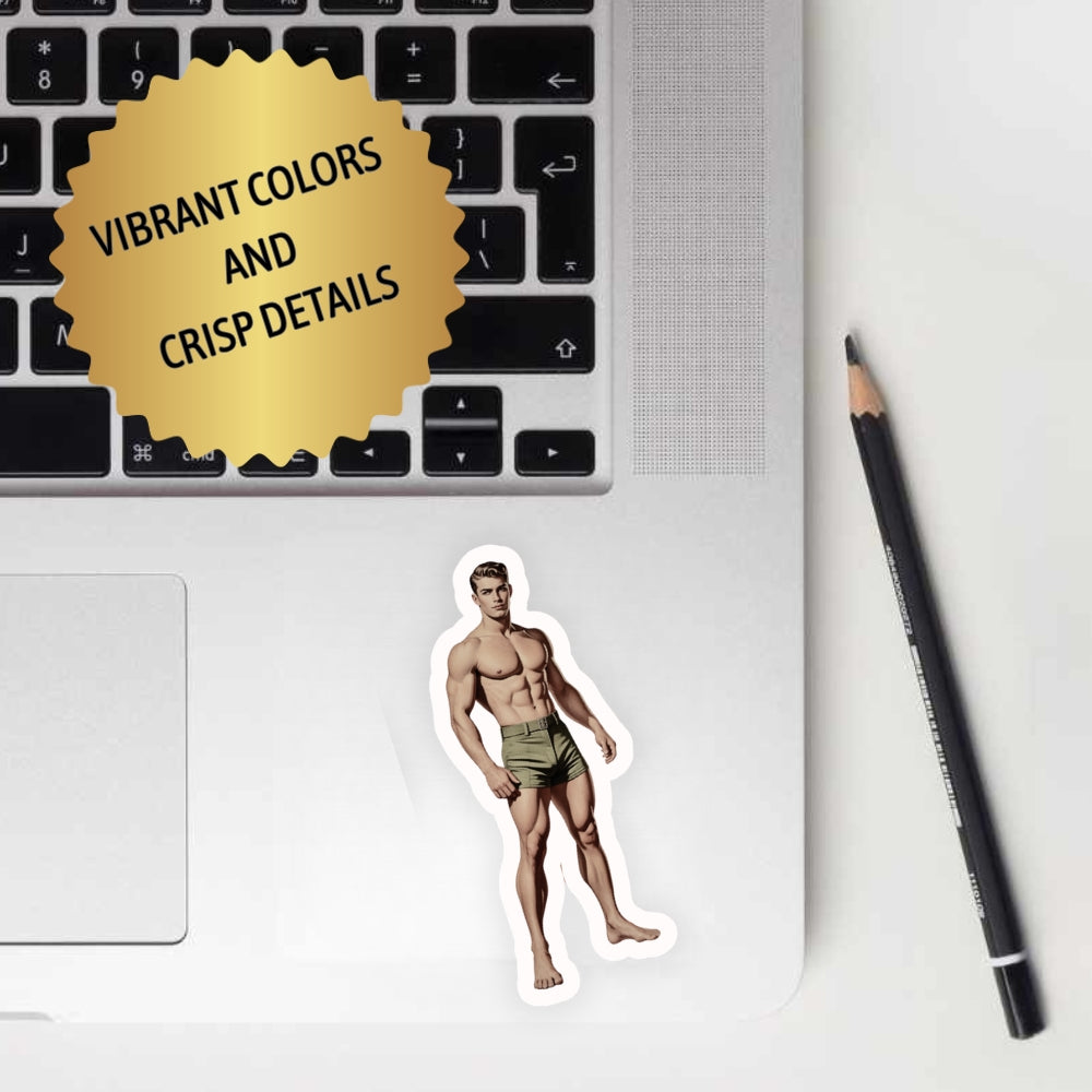 Laptop with a sticker of a man in green shorts, a pencil, and a gold badge on a white background.
