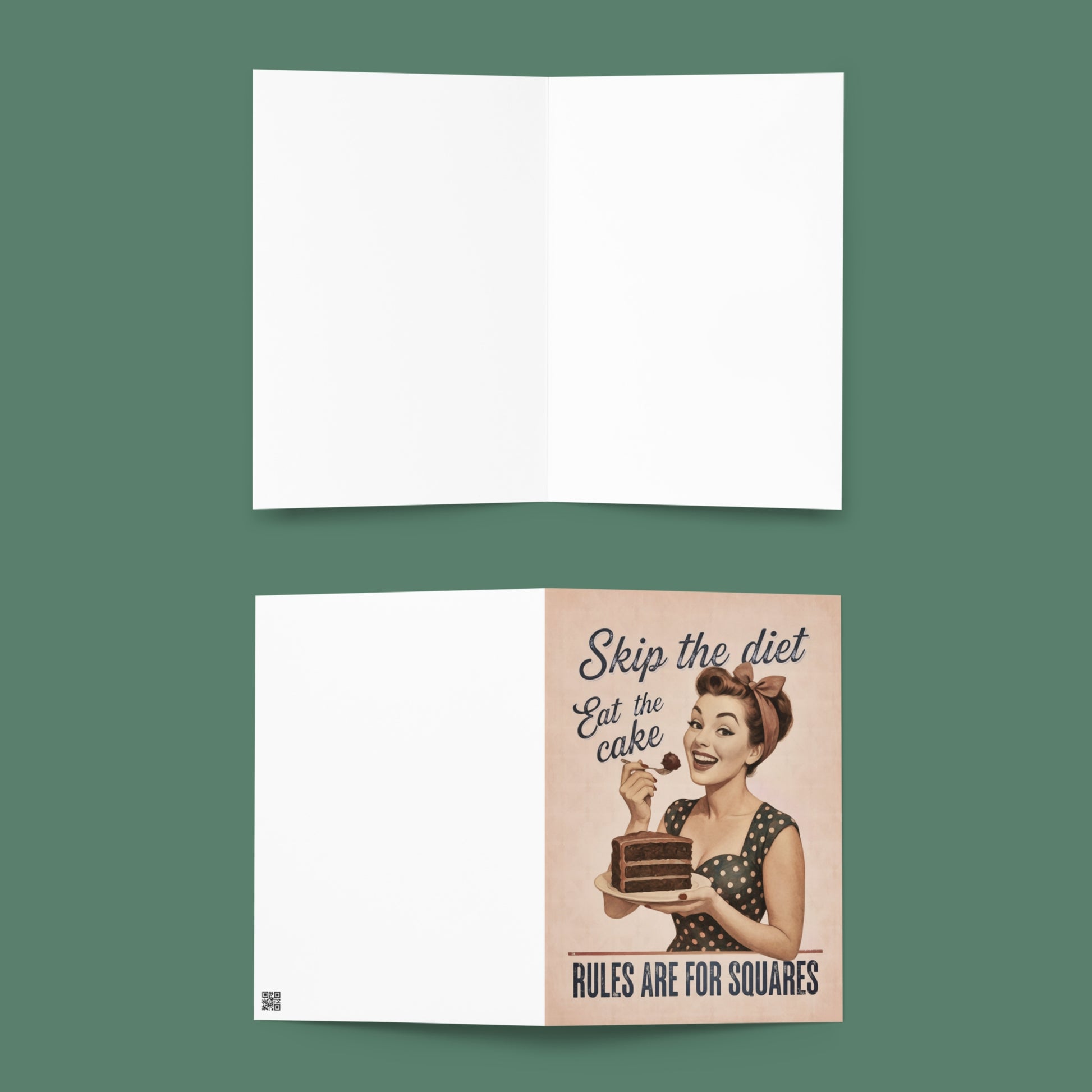 blank inside and front of Skip the diet eat the cake, rules are for squares vintage pink greeting card 