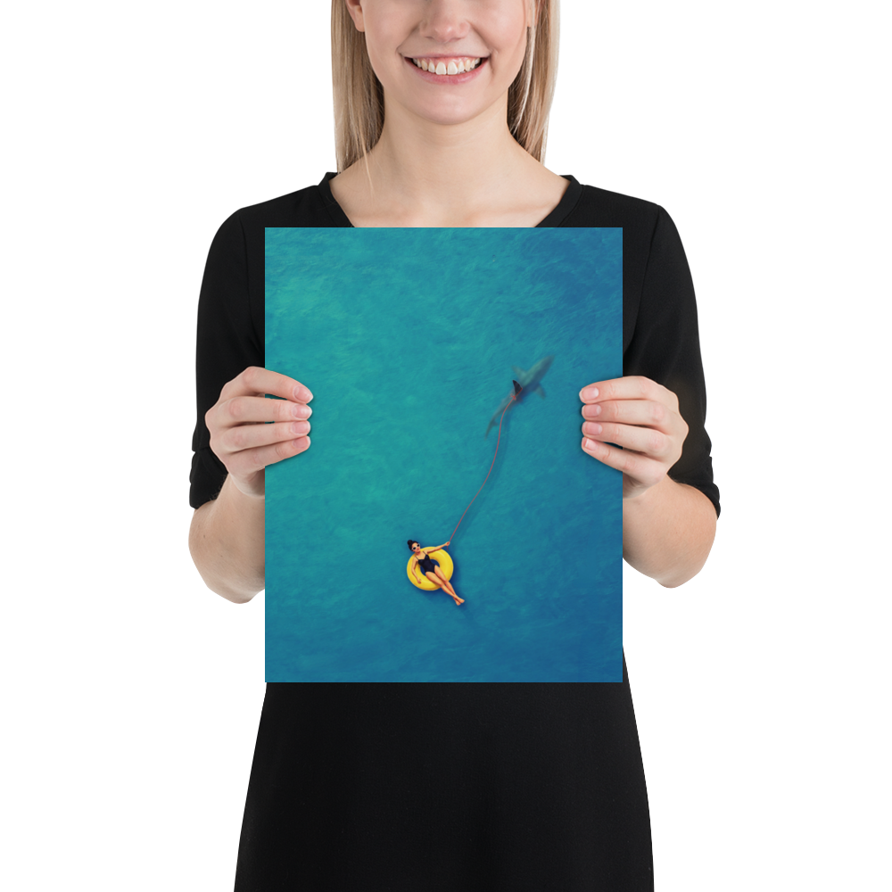 Swimmer Walking a Shark Art Print