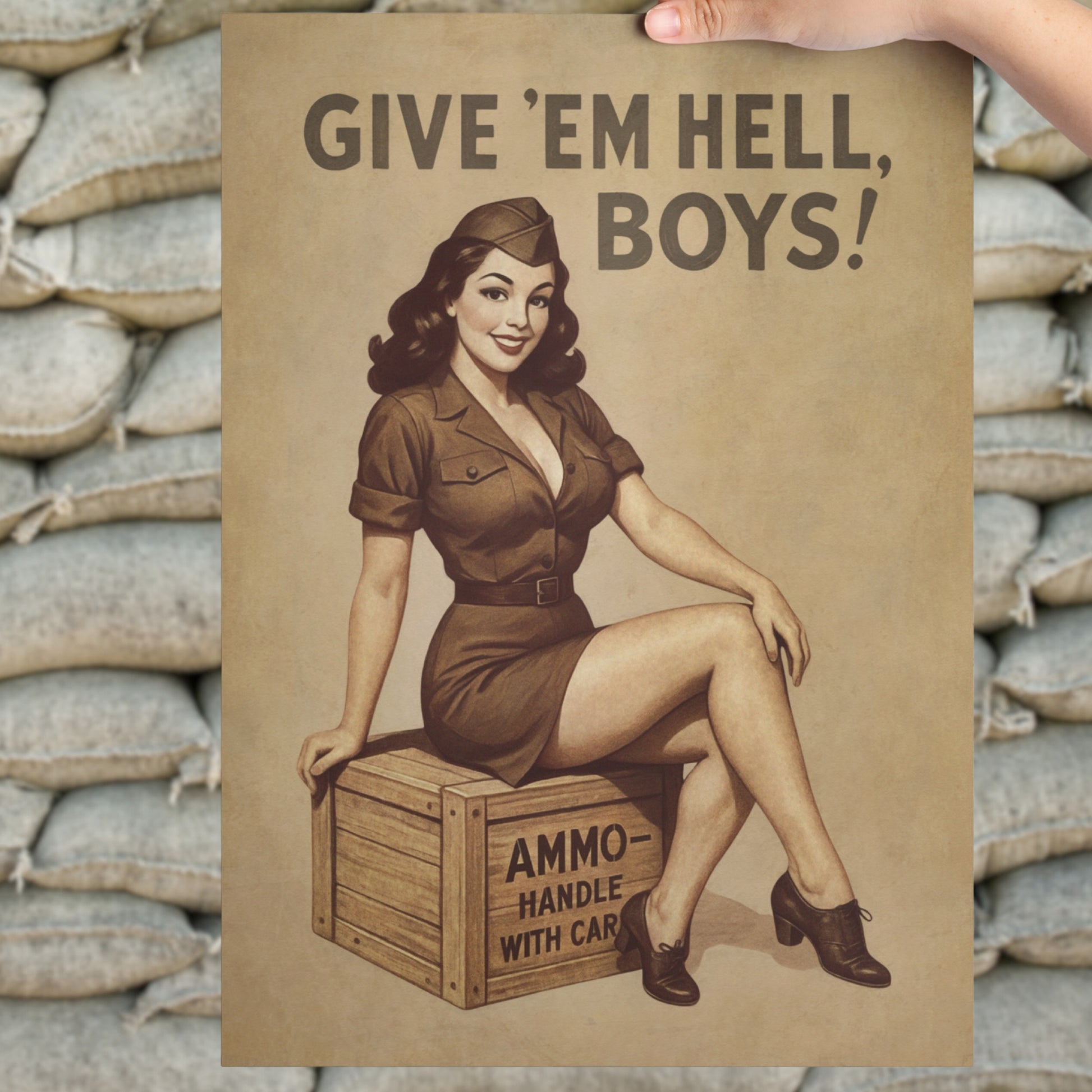 Vintage-style poster with a woman sitting on an ammo crate and text 'Give 'em Hell, Boys!' against a sandbagged wall background.