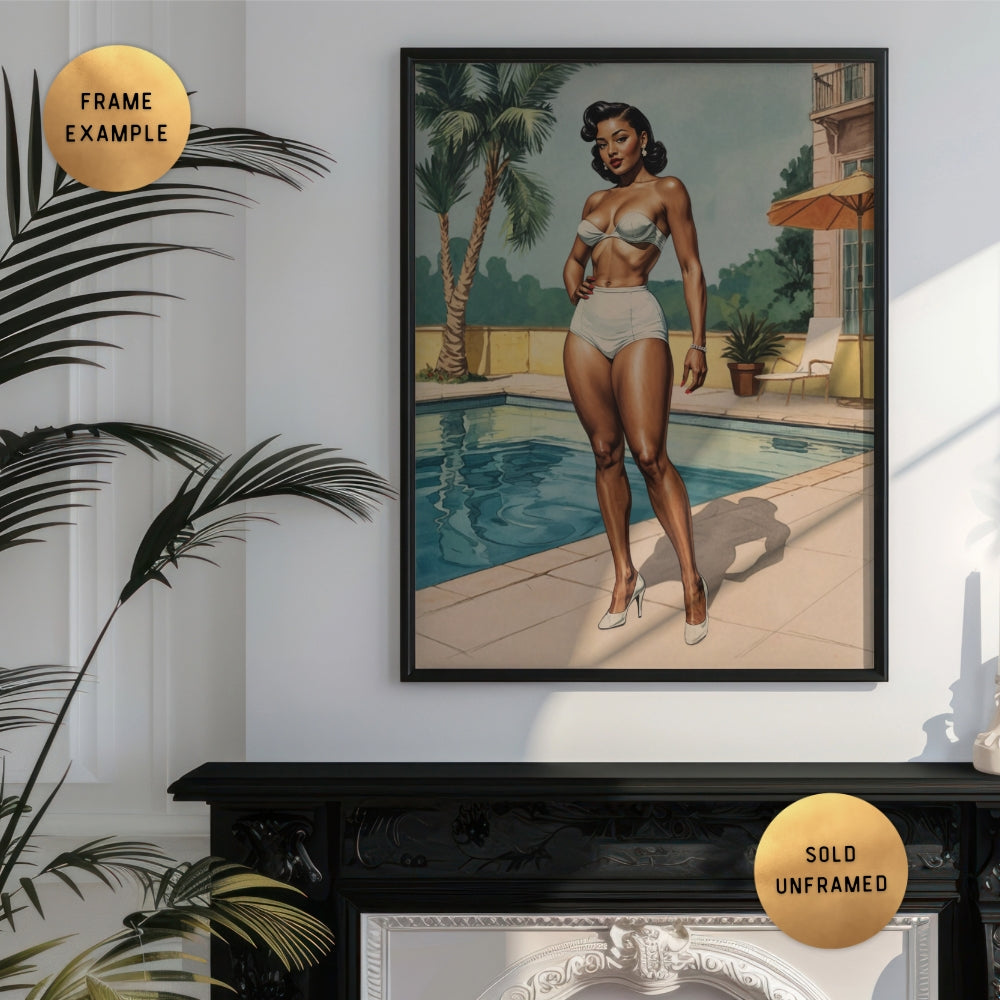 Framed artwork of a black woman in a swimsuit by a pool, with 'Frame Example' and 'SOLD UNFRAMED' labels.