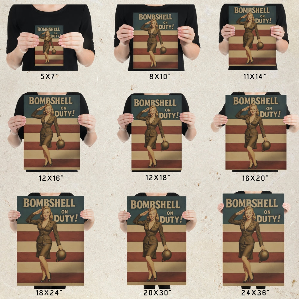 Different sizes shown for vintage poster -'Bombshell on Duty!'