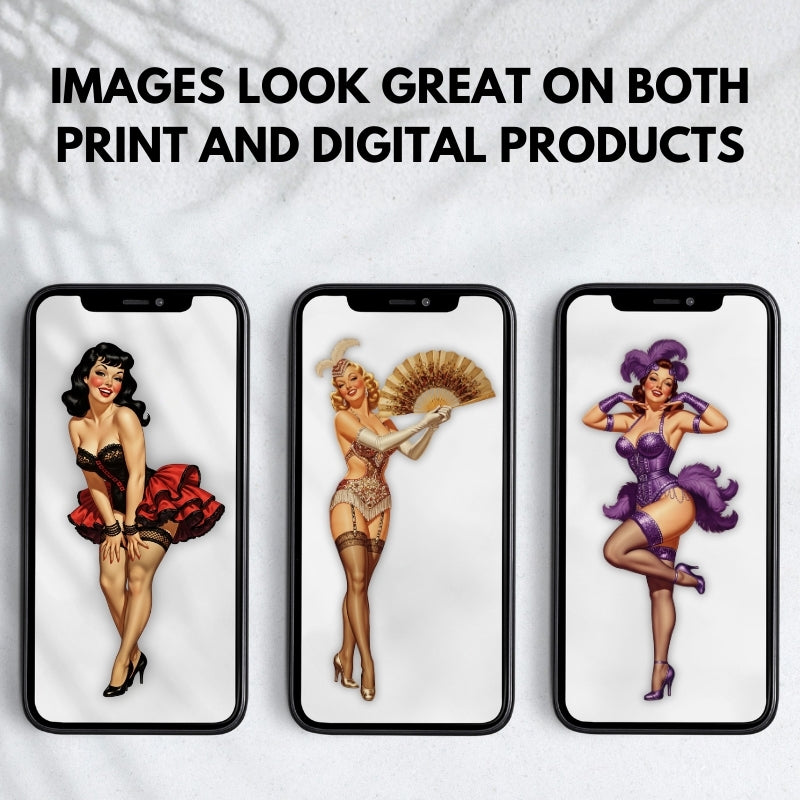 Three smartphone screens displaying vintage-style women in different outfits on a textured white background.