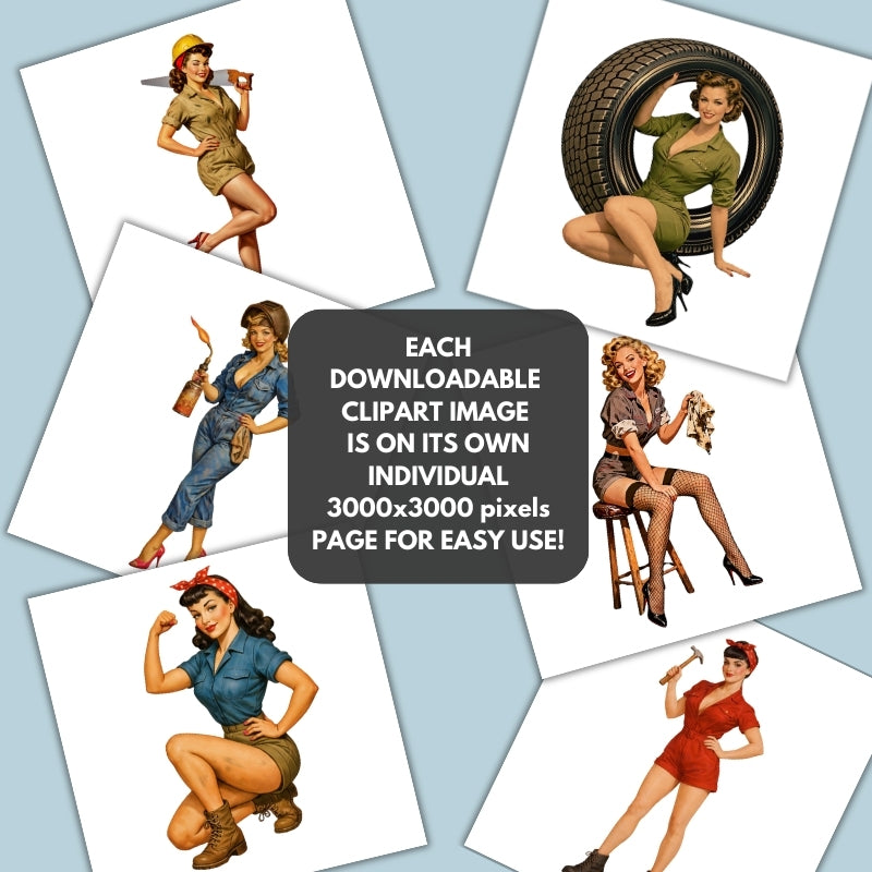 Set of vintage-style illustrations of women in various professions on a light blue background.