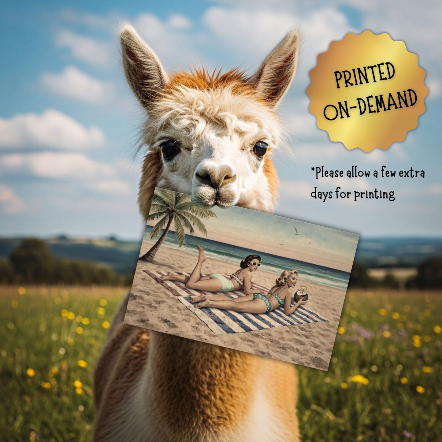 Llama holding a beach scene card with palm trees and people on a grassy field.