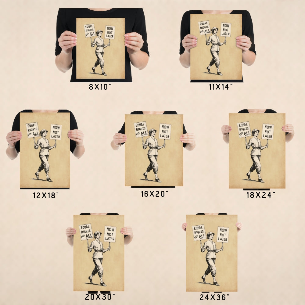 Set of posters with a person holding them, displayed in various sizes against a beige background.