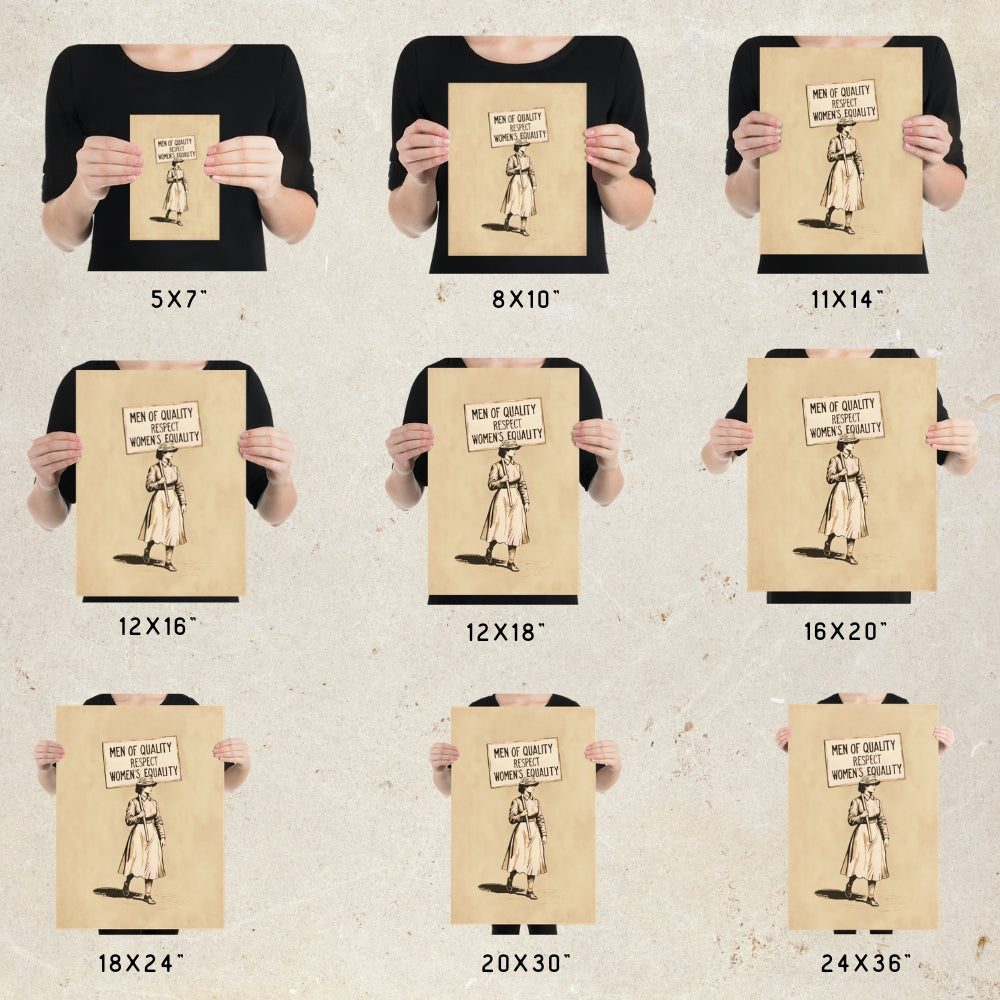 Set of posters held by people in various sizes with text and images on a textured beige background.