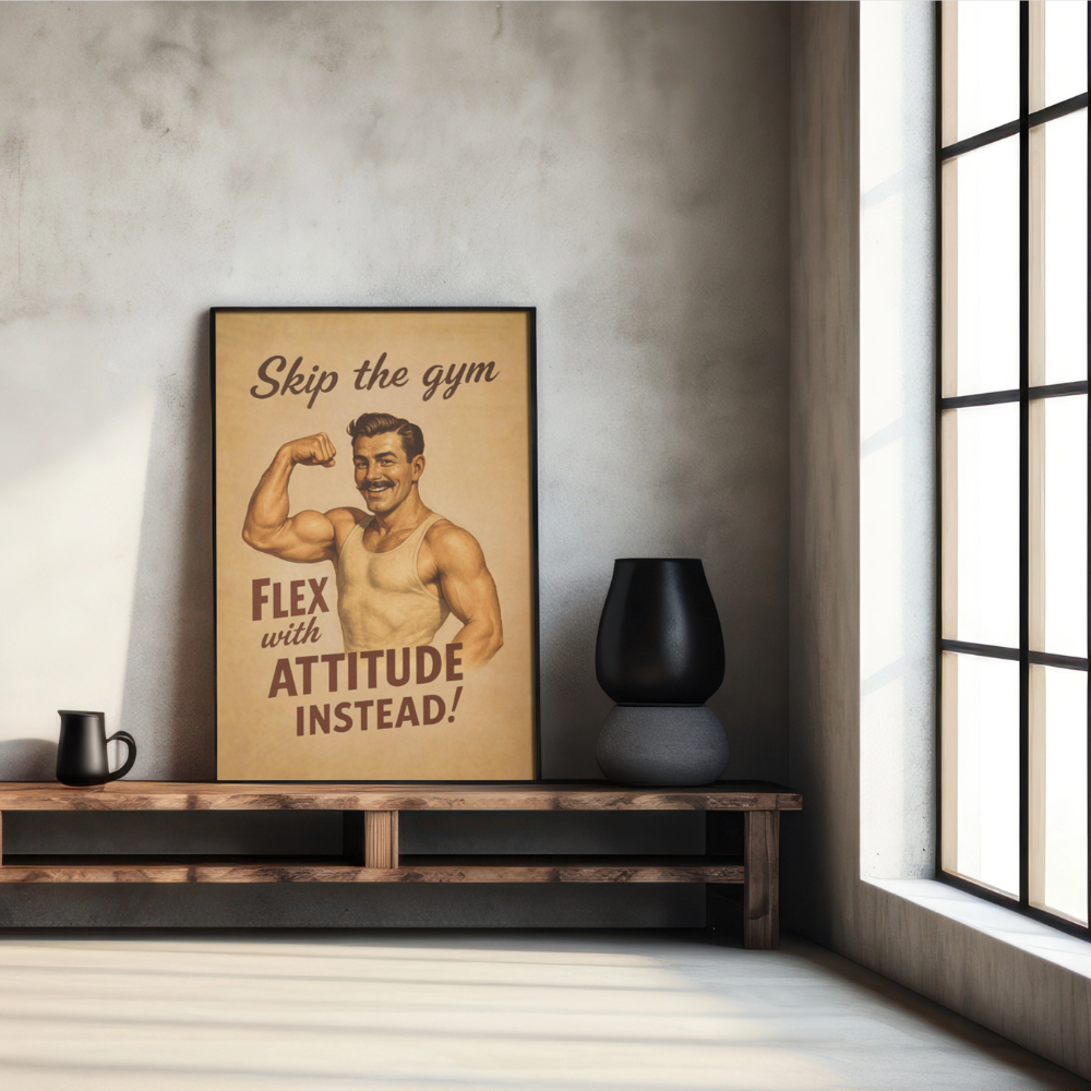 pinup boy vintage Poster with motivational text on a wall in a room with a window and shelf.