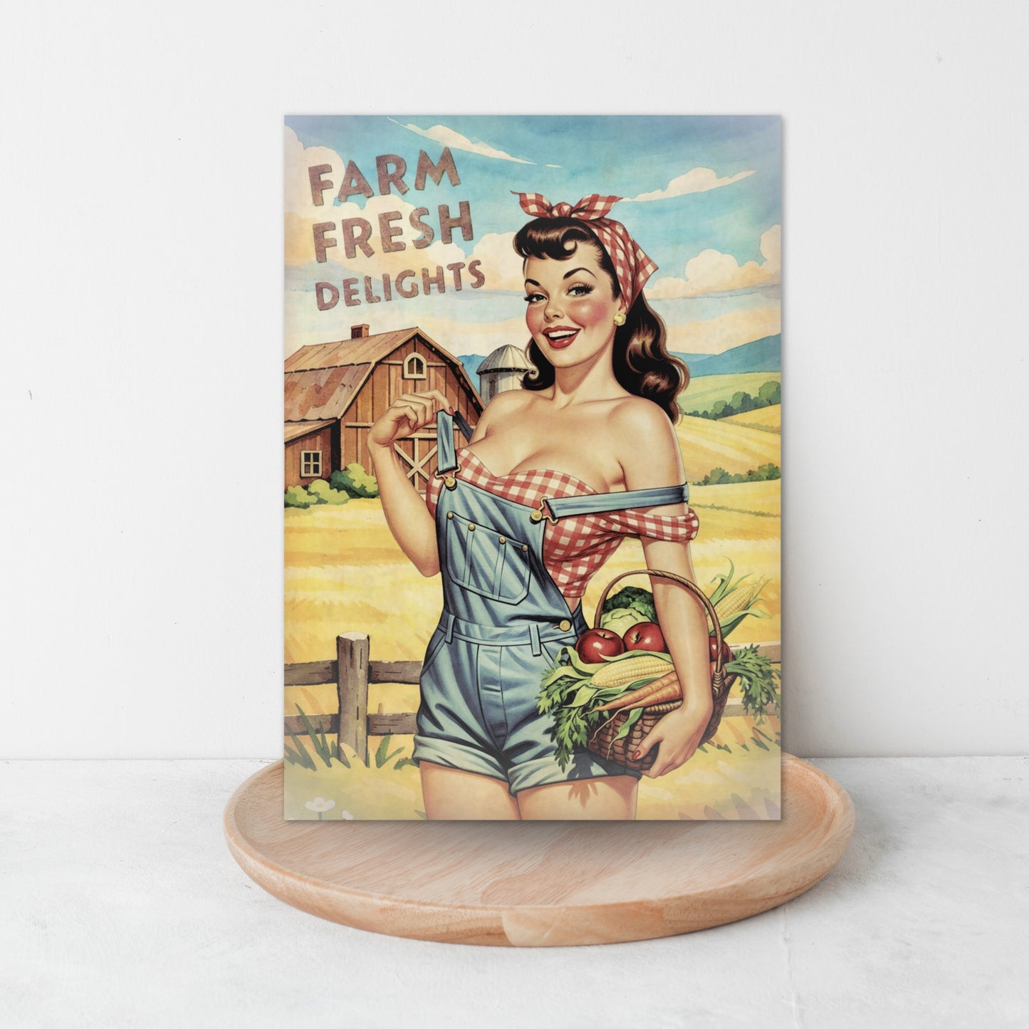 Vintage-style poster with a woman in overalls holding a basket of vegetables, set against a farm backdrop.