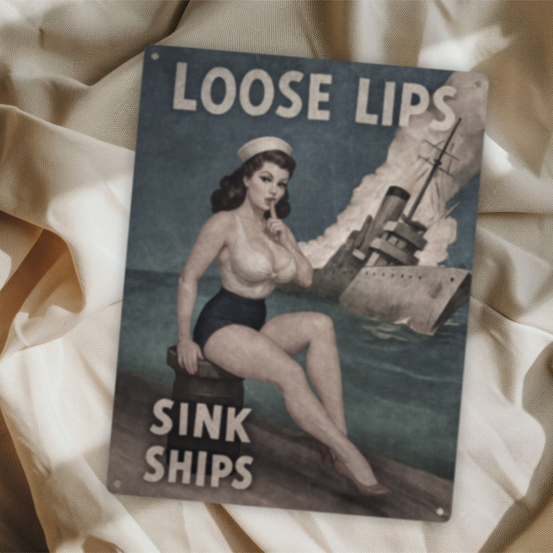 Vintage-style poster with a woman and ship, text 'Loose Lips Sink Ships' on a beige fabric background.